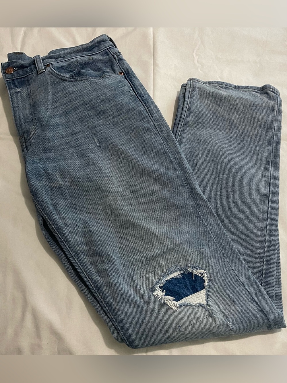 J. Crew Men's Light Blue Straight Jeans with Knee Rip, Distressed